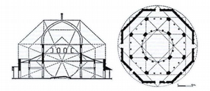 Plans du Dôme du Rocher. Les lignes convergent vers le centre d'un cercle fictif. Sa coupole fait 20 m de diamètre et 10 m de hauteur.